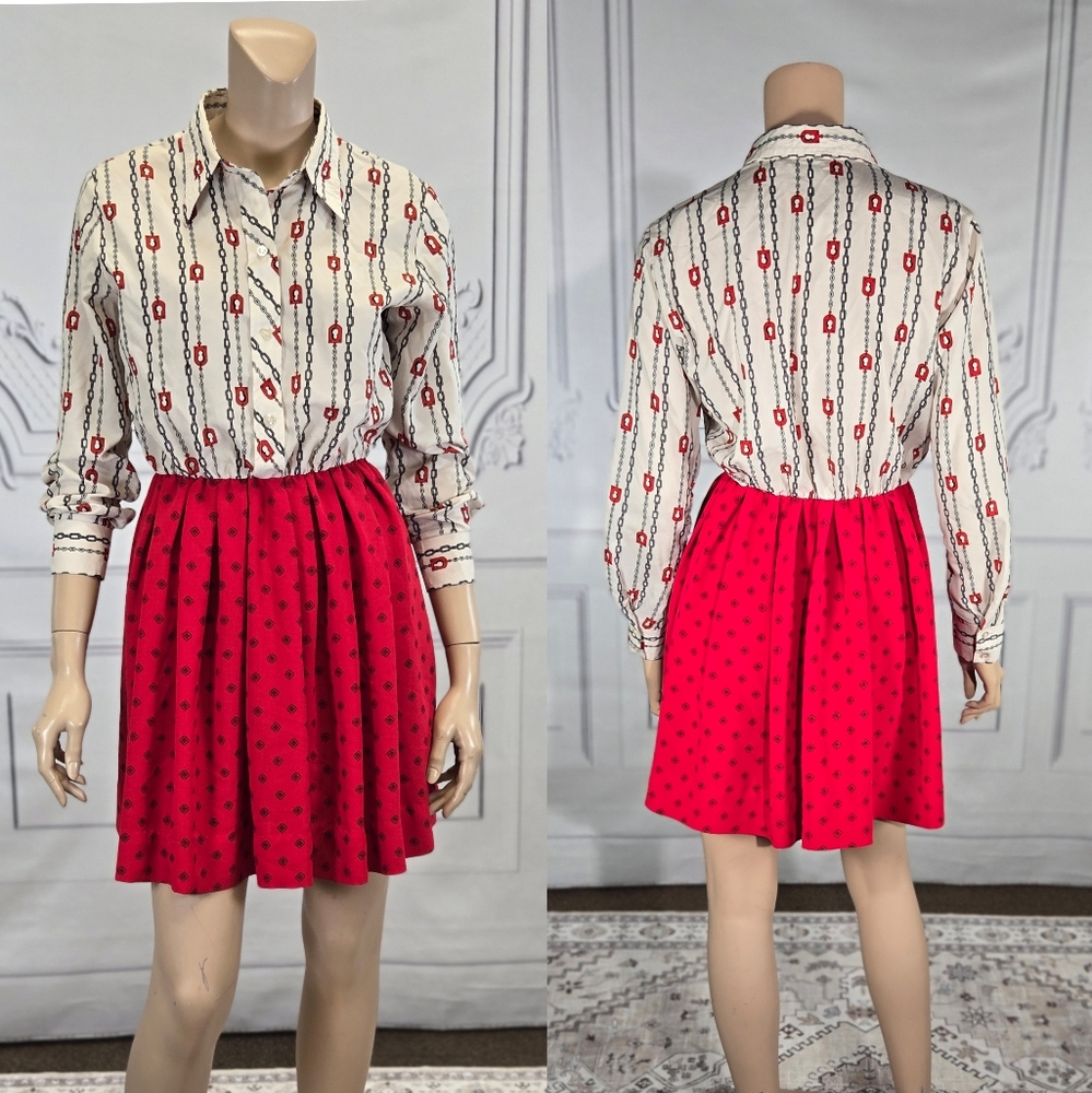 Koret of California Vintage 1970s Button Down Red & White Secretary Dress S